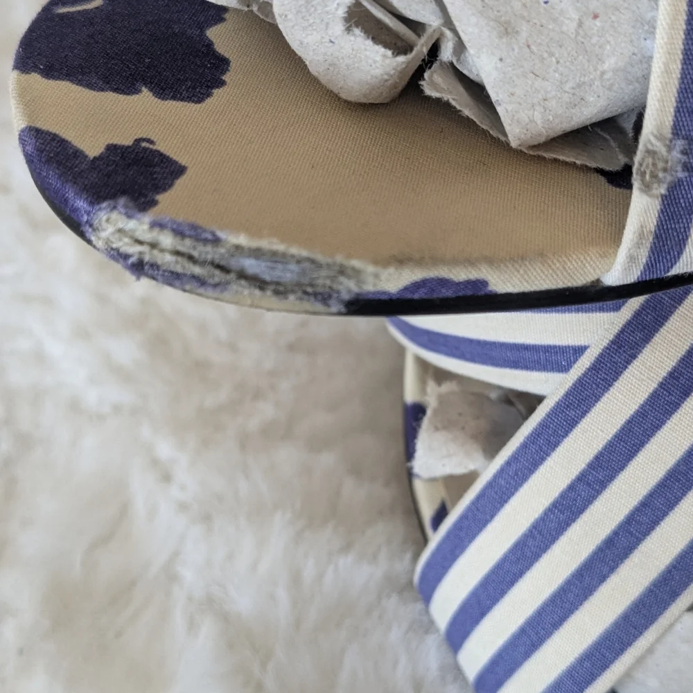 Cabi Blue White Stripe Floral Lace Up Wrap Flat Sandals Women Summer Resort 10